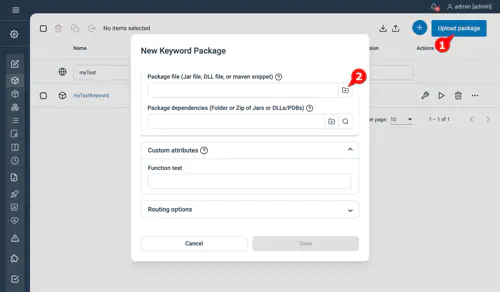 Screenshot of how to upload keyword package