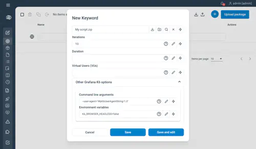 Grafana K6 Keyword configuration screen. Advanced options