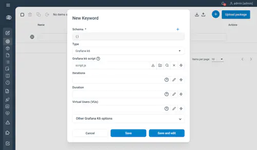 Grafana K& Keyword configuration screen