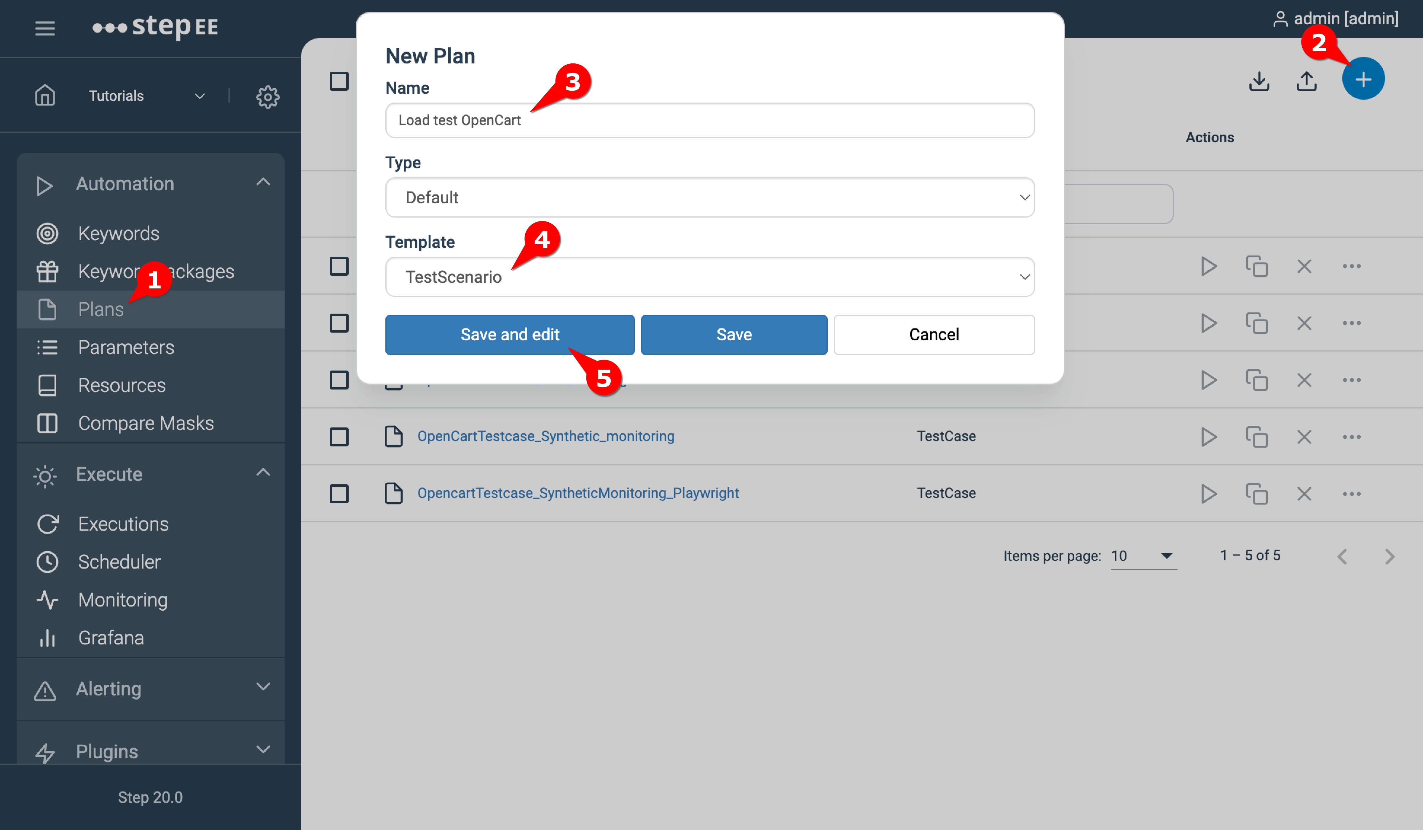 Image showing how to create a new plan using the TestScenario template
